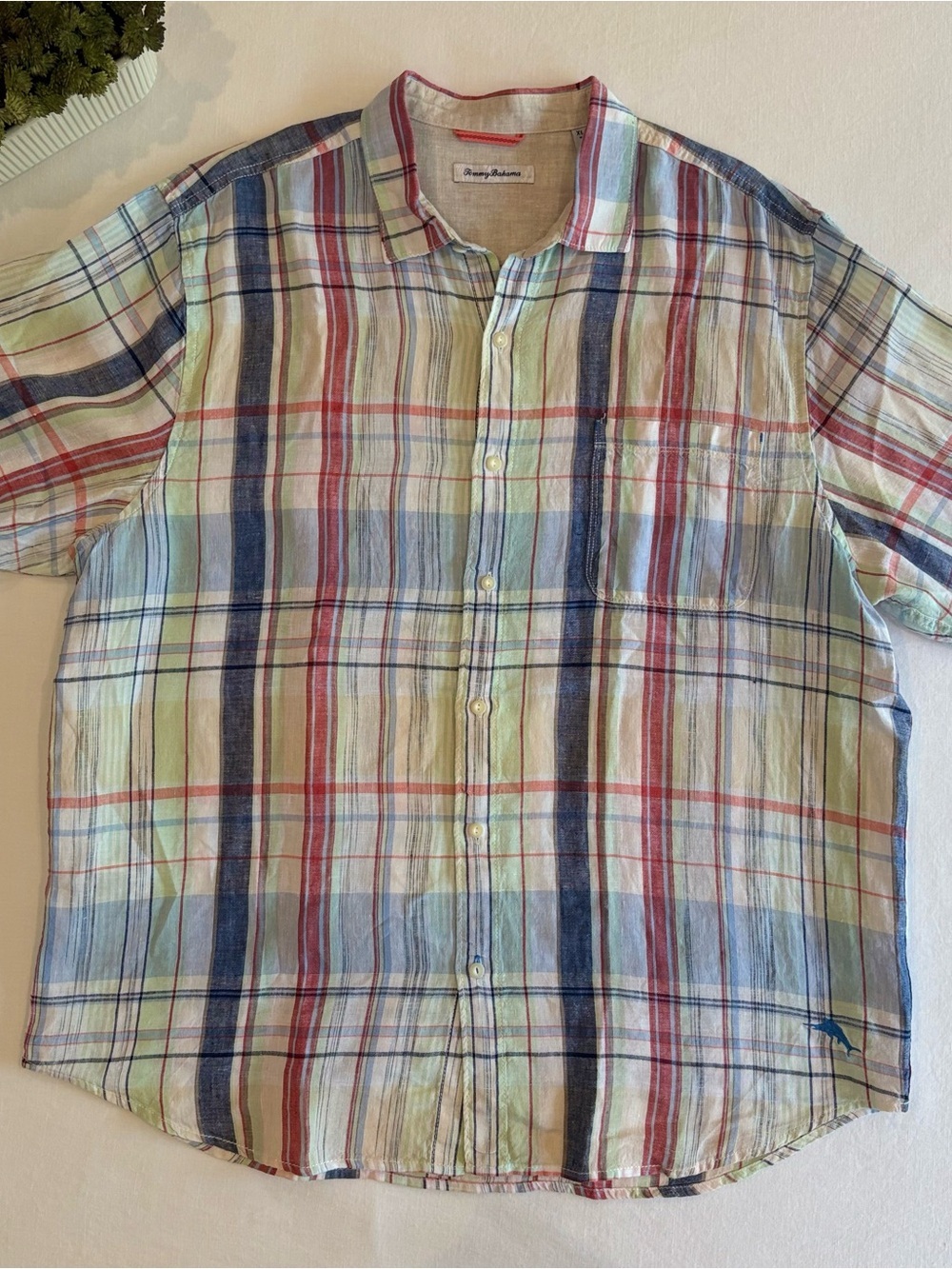 Tommy Bahama Plaid Button Front Shirt XL Short Sleeve Linen Blend Coastal - Picture 2 of 8